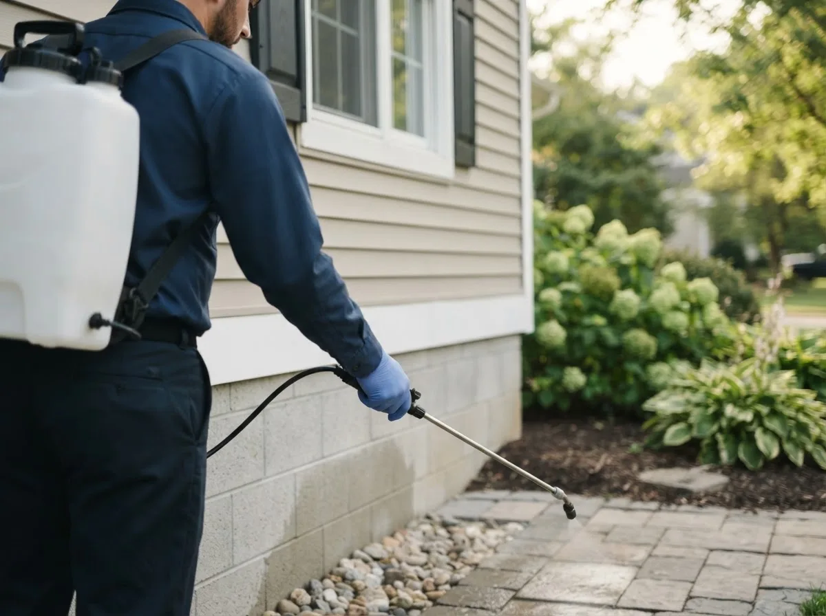 Pest control technician inspecting a home in High Island, TX